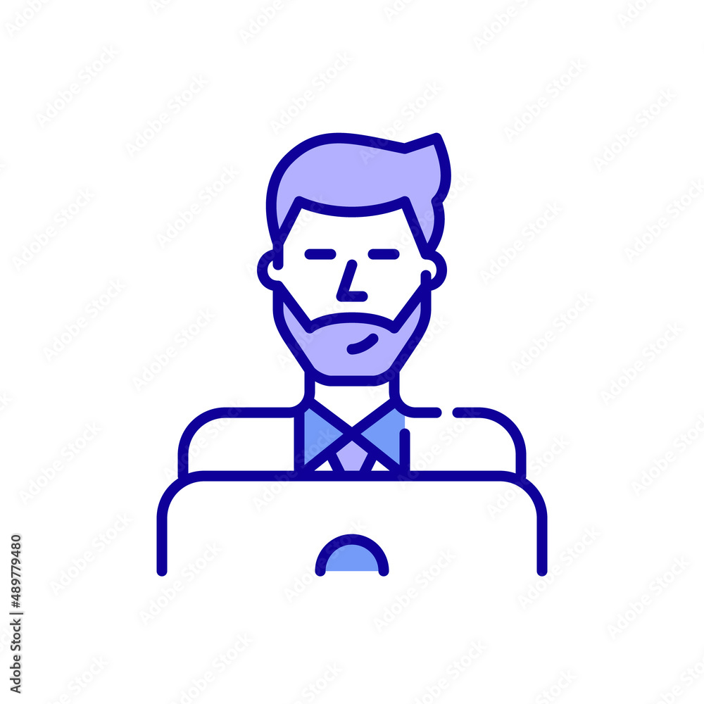 Stylish young man working at a laptop. Pixel perfect, editable stroke color icon Stylish young man working at a laptop. Pixel perfect, editable stroke color icon