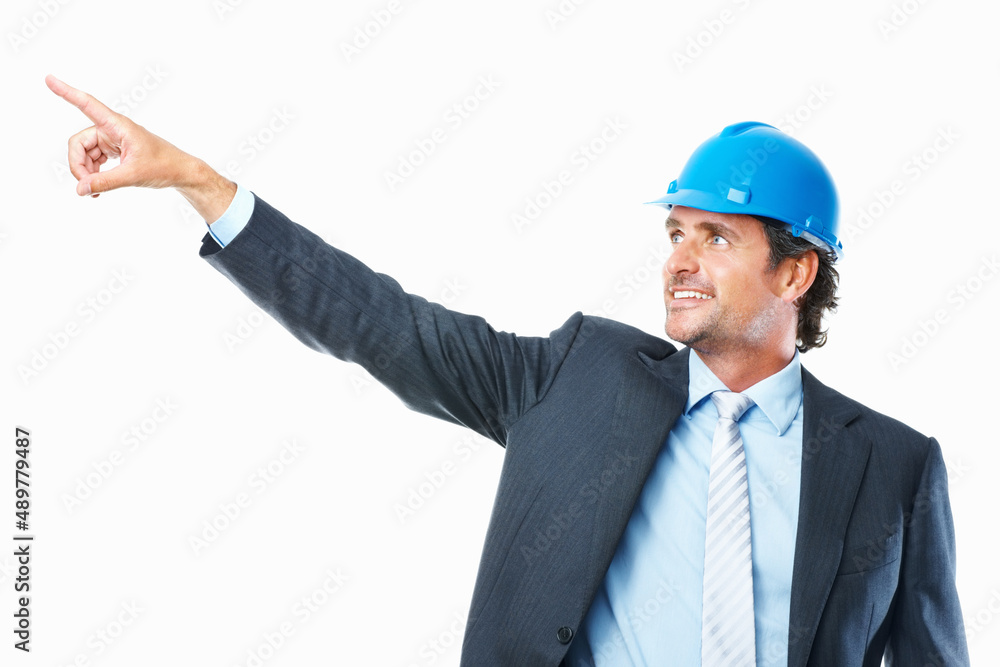 Architect pointing at something. Handsome architect pointing at something against white background. Architect pointing at something. Handsome architect pointing at something against white background.