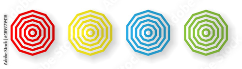 Sun protection striped umbrellas top view set for safe sunbathing. Shadow shield of gingham tents.