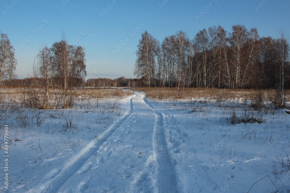 a trail in the snow from a car in the forest in nature in winter in Siberia on the road a trail in the snow from a car in the forest in nature in winter in Siberia on the road