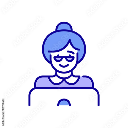 Grandma wearing glasses at a laptop browsing internet or chatting. Senior adult woman. Pixel perfect, editable stroke color icon