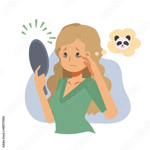 Skin care,beauty concept illustration. woman with dark circles on face. woman worried about dark circles.Flat vector cartoon character illustration.