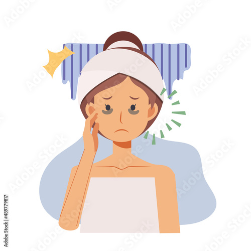 Skin care,beauty concept illustration. woman with dark circles on face. woman worried about dark circles.Flat vector cartoon character illustration.