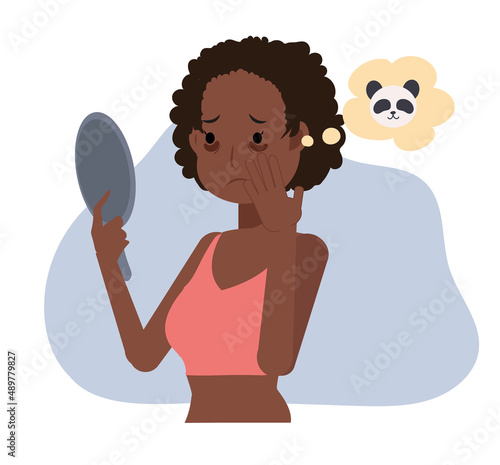 Skin care,beauty concept illustration.African american woman with dark circles on face. woman worried about dark circles.Flat vector cartoon character illustration.