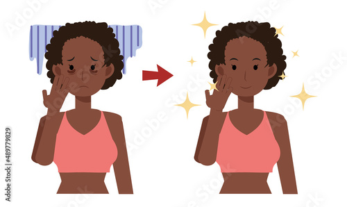 Skin care,beauty concept illustration.African american woman with dark circles on face. woman worried about dark circles.Before after.Flat vector cartoon character illustration.