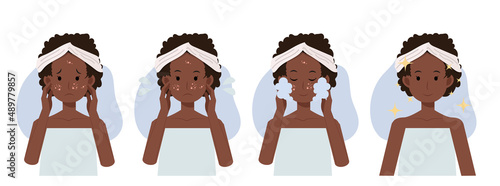 skin care concept, facial cleansing foam,acne treatment before and after,African american woman.flat vector cartoon illustration