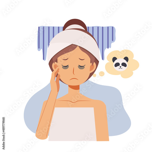 Skin care,beauty concept illustration. woman with dark circles on face. woman worried about dark circles.Flat vector cartoon character illustration.