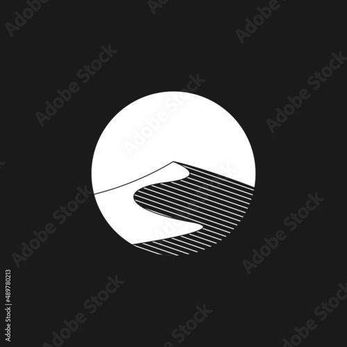 Retrowave aesthetics, a circle with desert dune 1980s style. Retrowave design element for retrowave style projects. Vector