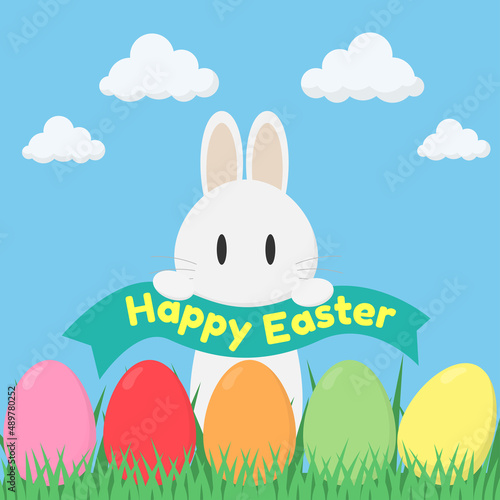 Colorful Happy Easter greeting card with rabbit, bunny and text, Flat vector design.