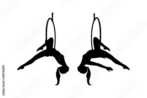 Aerial female gymnast silhouette in hoop. Aerial gymnastics stunt. Vector illustration isolated on white background