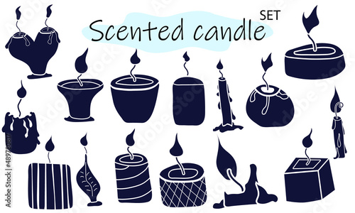 A set of scented candles with a burning fire. Candles for interior, lighting and romantic dates. Aromatherapy. Vector illustration in solid monochrome design on a white background.