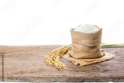 Organic white rice or jasmine rice in a sack and the ears of rice lying on the wooden floor on a white background