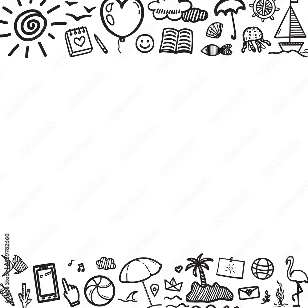 Hand drawn black holiday elements on white. Summer holidays. Signs and symbols. Banner design. Black and white illustration Hand drawn black holiday elements on white. Summer holidays. Signs and symbols. Banner design. Black and white illustration