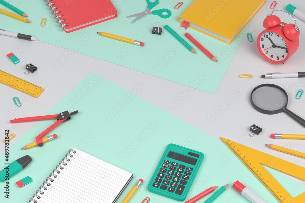 School supplies. Back to school background. 3D Render. School supplies. Back to school background. 3D Render.