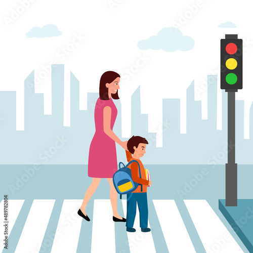 Mother with kid crossing the road at crosswalk with traffic light vector illustration. Mom and son walking together in city road in flat design.