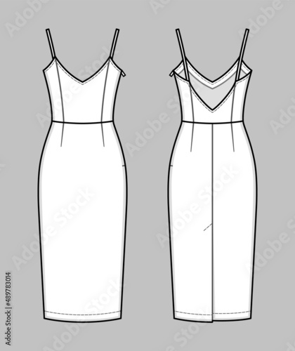 Midi close-fitting sleeveless dress with straps, open back and kick pleat.Bodycon dress. Back and front. Technical flat sketch, vector.