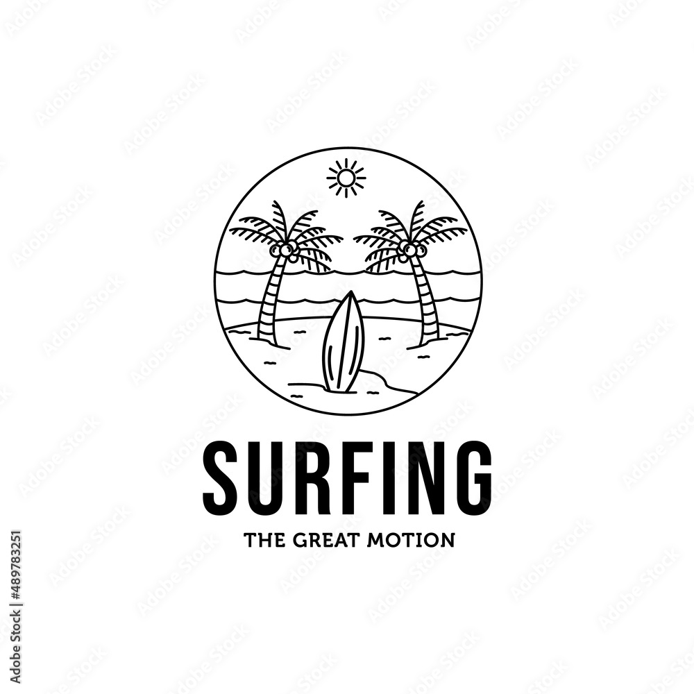 palm tree sunburst beach island surf line art minimalist logo vector illustration design, surfing logo design palm tree sunburst beach island surf line art minimalist logo vector illustration design, surfing logo design