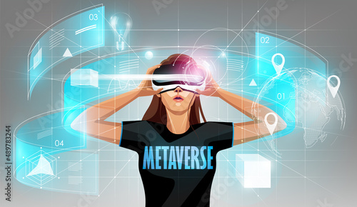 Metaverse digital cyber world technology, Woman holding virtual reality glasses surrounded with futuristic interface 3d hologram data, vector illustration.