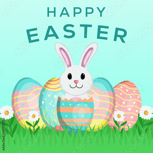 happy easter day hand drawn illustration design with eggs and rabbit show up from eggs crack