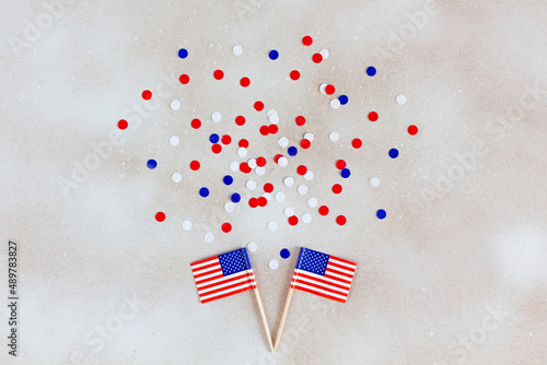 Flags of the United States, confetti. Flat lay for 4th of July, Independence Day. 
