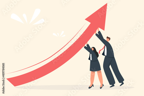 Business vision and target, Business man and woman helping each other put up red arrow up go to success in career. Concept business, Achievement, Character, Leader, Vector illustration flat