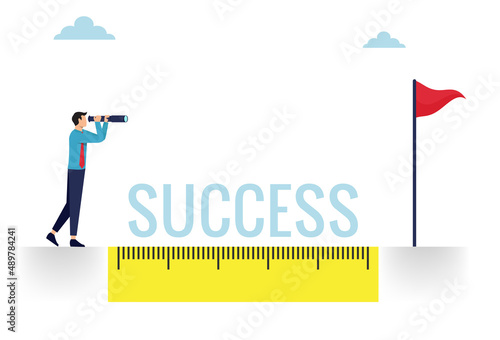 Business success measurement, how far from business goal and achievement concept, smart businessman using measuring tool and analyze distance from target flag.