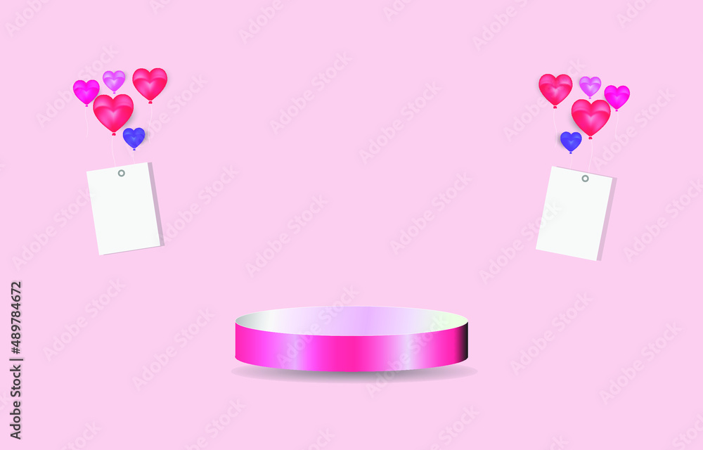 Luxury pink podium on light pink empty room background. white greeting card and heart-shaped balloon decorate. Abstract vector rendering 3d shape for advertising products display. Minimal scene. Luxury pink podium on light pink empty room background. white greeting card and heart-shaped balloon decorate. Abstract vector rendering 3d shape for advertising products display. Minimal scene.