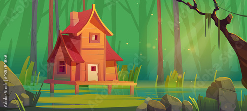 Wooden stilt house at forest swamp. Old shack stand on piles in wood quag, Abandoned witch hut, game background, fantasy mystic nature landscape with cottage on deep marsh, Cartoon vector illustration
