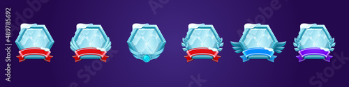 Set of ice award badges, ranking game level ui icons. Empty frozen hexagon shields with banners, wings or laurel wreaths, isolated bonus, rank frames graphic design, reward, trophy vector elements set