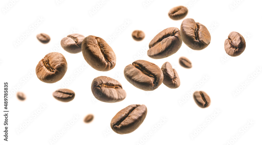 Coffee beans levitate on a white background Coffee beans levitate on a white background