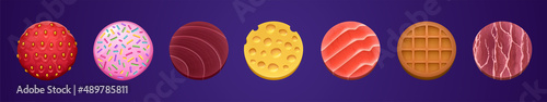 Game ui food app icons, round buttons, cartoon menu interface. Gui textured graphic design elements strawberry, sprinkles on pink glaze, meat, cheese, tuna, salmon fish, waffle isolated 2d vector set