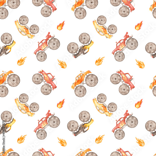Watercolor seamless multidirectional pattern with monster trucks and fire on a white background