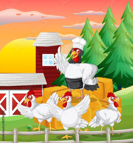 Farm scene with cartoon chickens group
