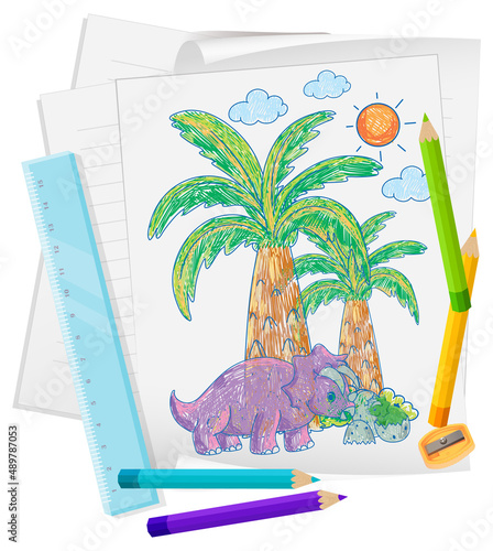 A paper with a doodle sketch design with color and colour pencils