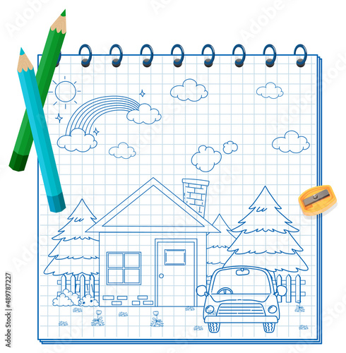A notebook with a doodle sketch design and colour pencils