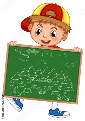 A boy holding board with a doodle sketch design on white background