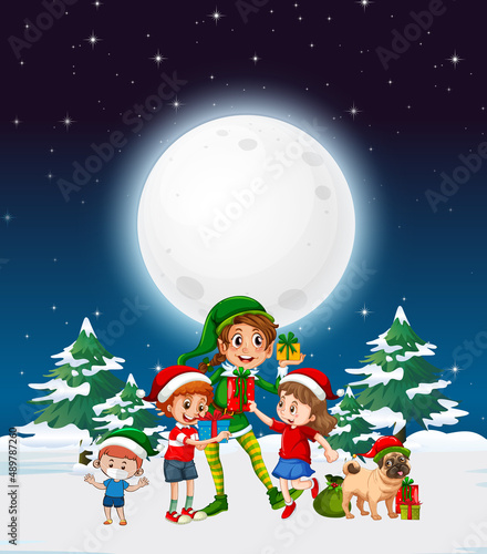 Snowy winter night with Christmas elf and children
