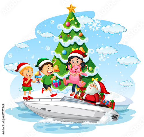 Santa Claus delivering gifts by boat