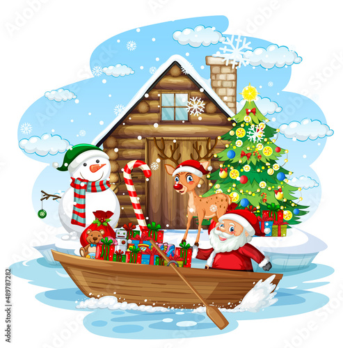Santa Claus and elves delivering gifts by row boat