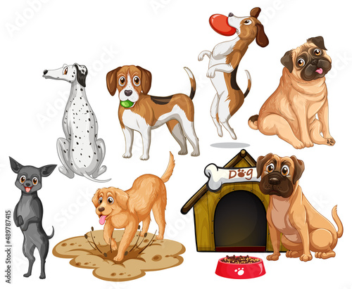 Set of different cute dogs in cartoon style