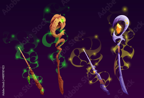 Fantasy magic staves and wands, wizard scepters for cast spells. Vector cartoon set of sorcerer or magician wooden and metal sticks with crystals and glow isolated on background