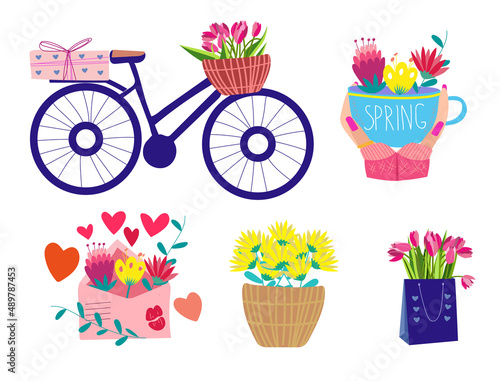 Spring set with bicycle and flowers and hearts