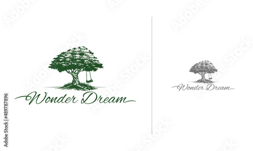 Illustration of a tree with roots and swing as a logo template in one color.