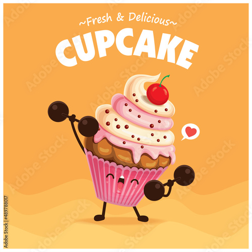 Vintage food poster design with vector cupcake character.