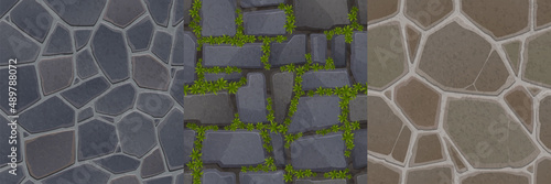 Game stone textures, seamless patterns of pavement, wall with rocks ivy or floor tiles top view. Textured natural backgrounds, realistic cobblestone surface, 2d ui or gui graphics, Vector layers set