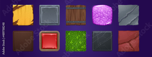 Game ui app icons, square buttons, cartoon menu interface textured blocks. Gui graphic elements wooden barrel, stone, rust, metal, gemstone, clover field, marble and pink fizzy bubbles, 2d vector set