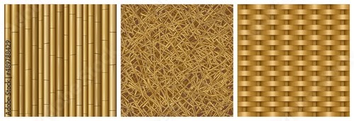 Fototapet Game textures bamboo stems, straw and wicker seamless patterns