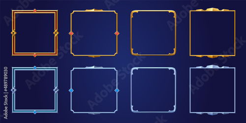 Set of square ui game frames, textured medieval borders of gold, silver or steel metal with gems. Cartoon empty metallic bordering with gemstones, isolated design gui elements, Vector illustration