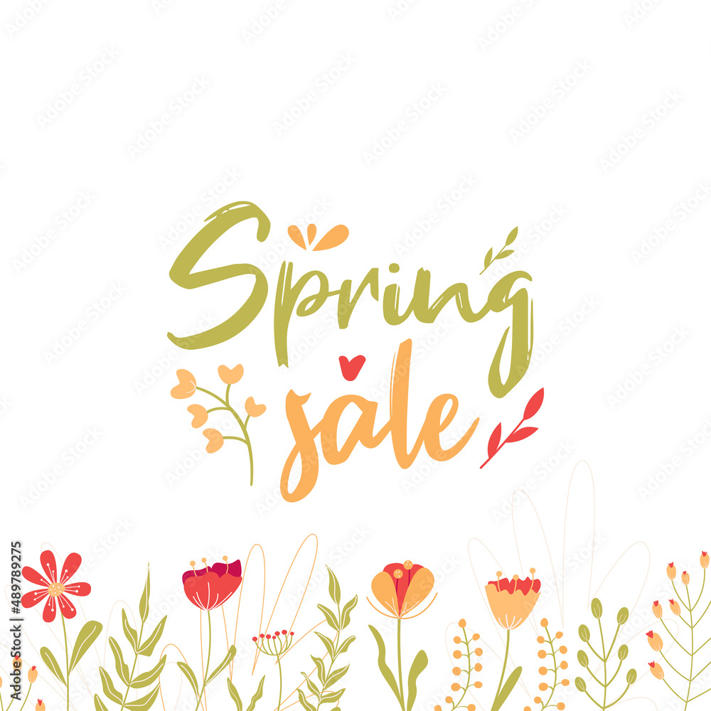 Fototapeta premium Spring sale, lettering. Banner, spring flowers and plants, leaves. Flower illustration. Pink and white flowers, green leaves, pink inscription