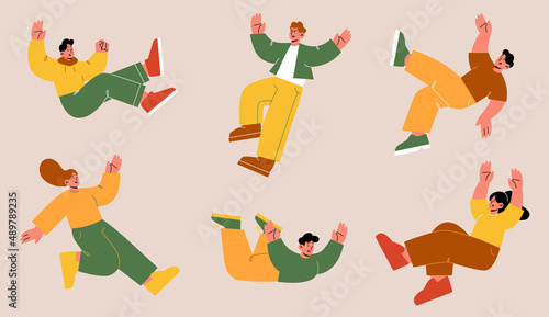 Fototapeta Naklejka Na Ścianę i Meble -  People fall down after slip, slide on wet floor or stumble. Vector flat illustration with person falling with injury risk. Men and women in shock and panic tumble down